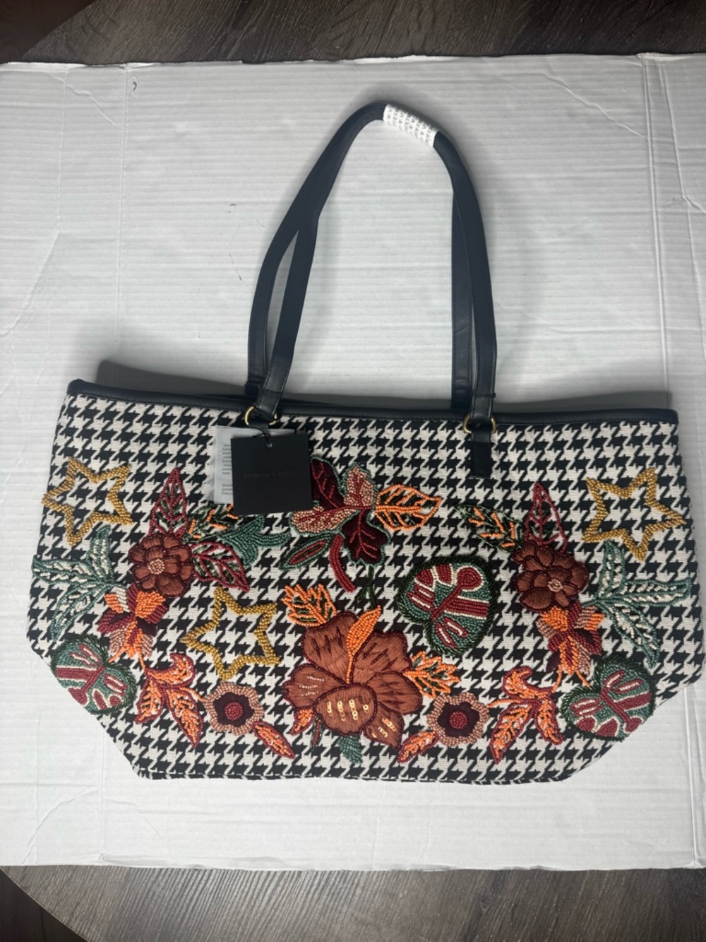 America & Beyond Floral Houndstooth Large Tote Beaded Bag Tweed Sequins Art Glam